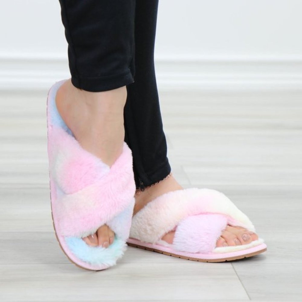 Tie Dye Fuzzy Plush Criss Cross Sandal Sliders - Picture 2 of 16